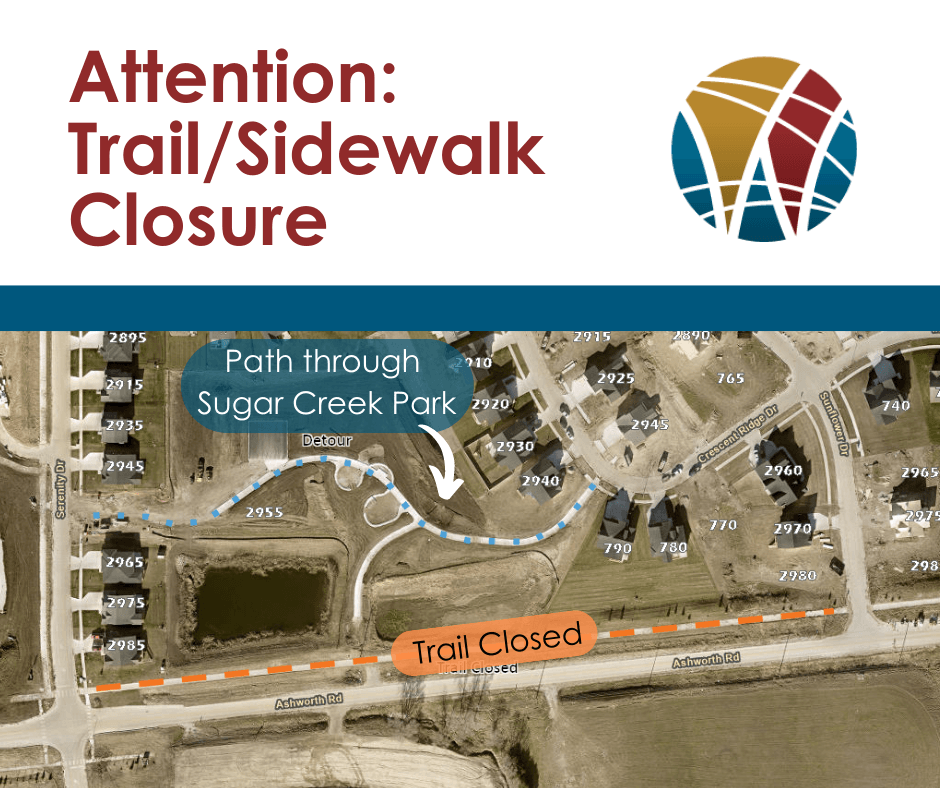 Map of trail closure along Ashworth Road and detour path through Sugar Creek park