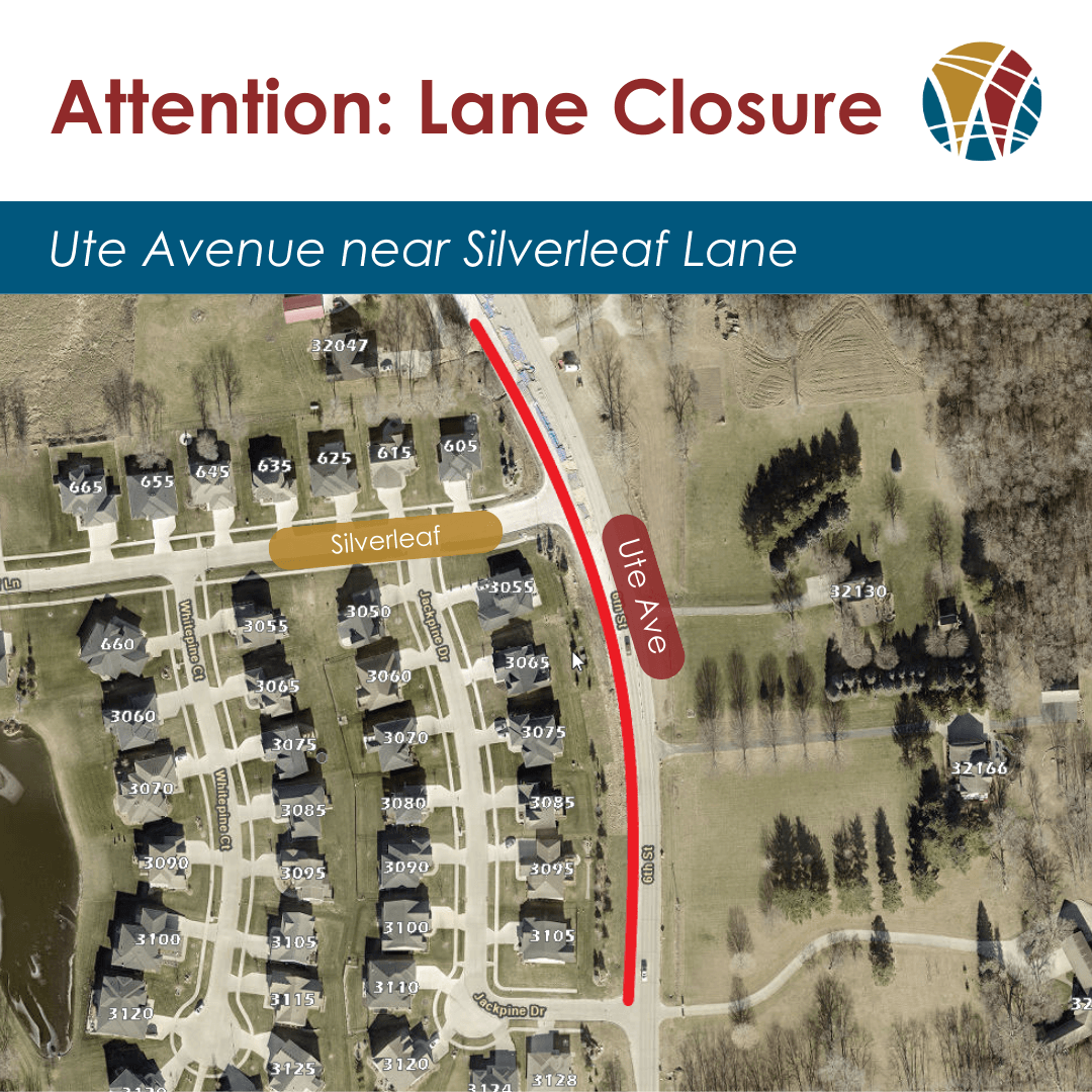 map of Ute Avenue and Silverleaf Lane with red line showing a lane closure