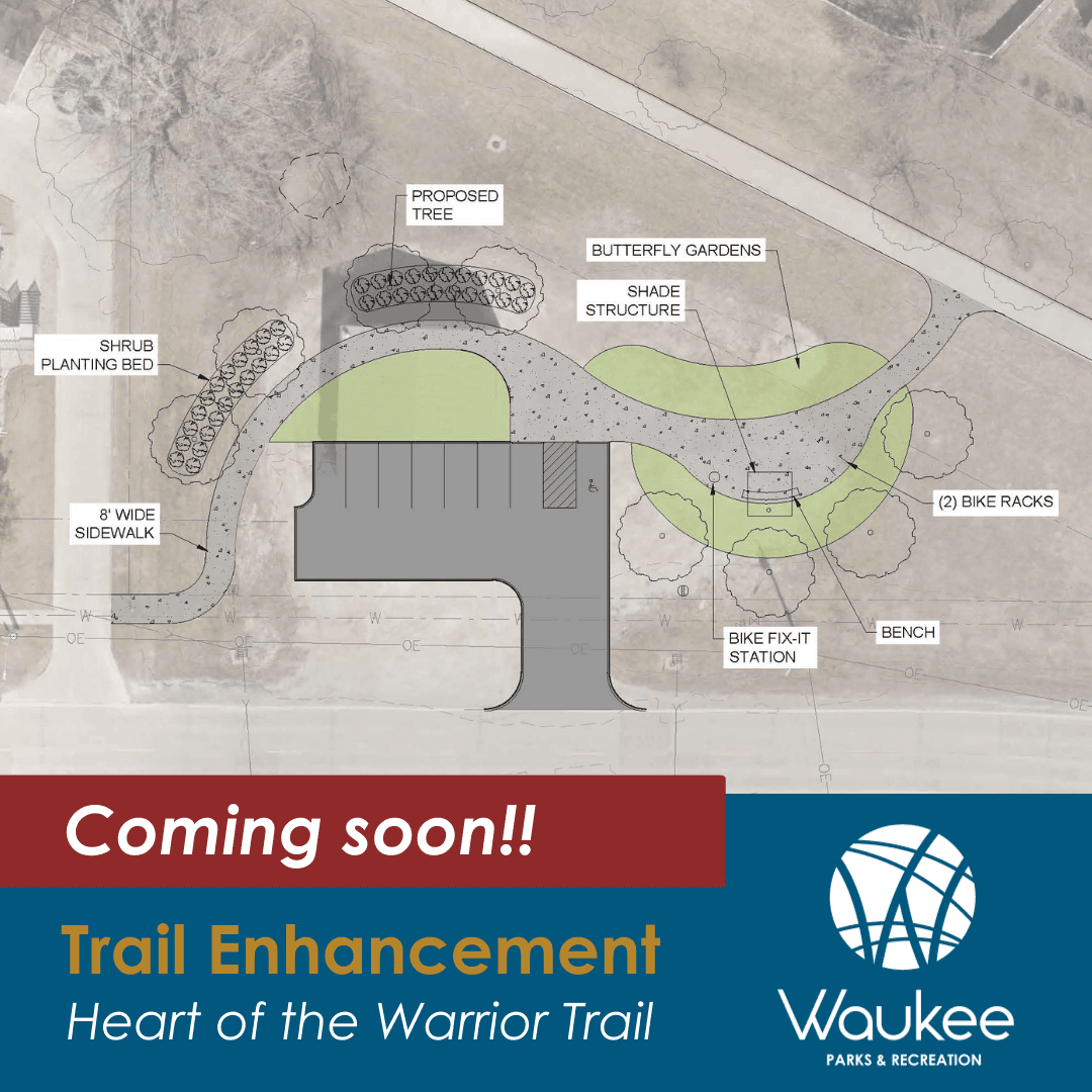 drawing of small park area with parking, plantings, shade structure and bike fix station