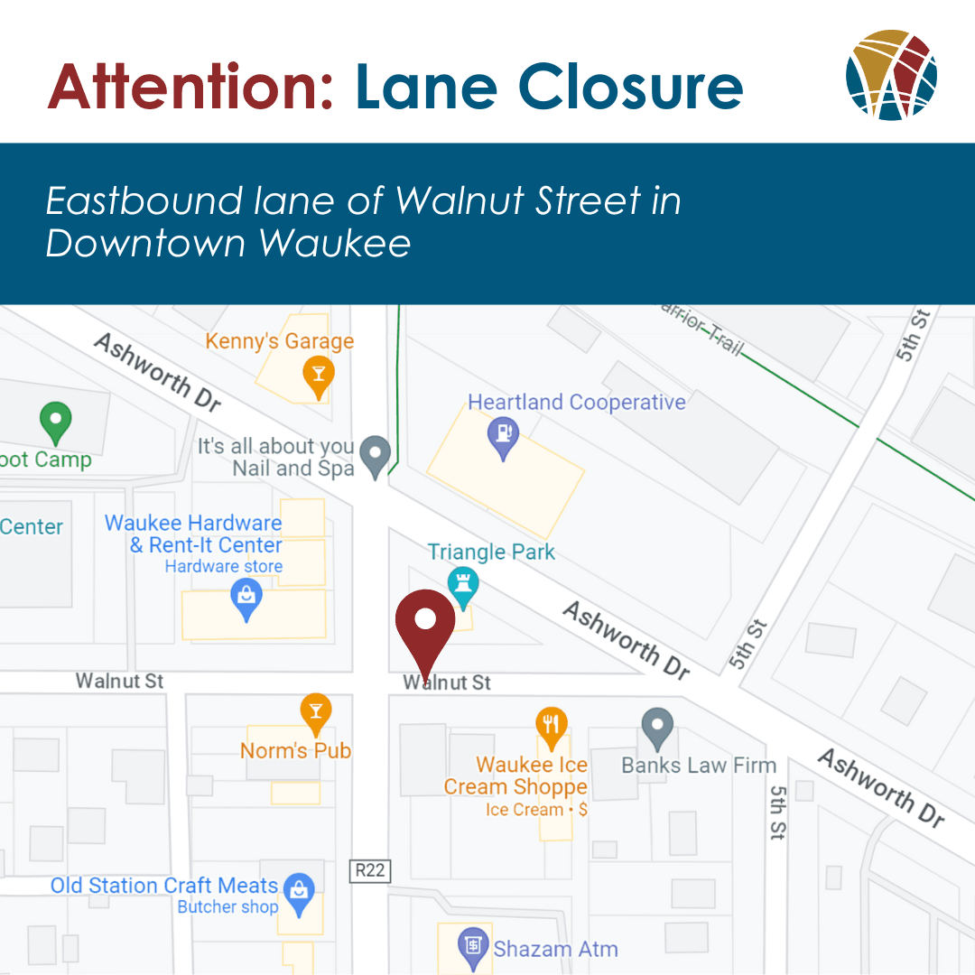 map of downtown Waukee with marker on Walnut Street where eastbound lane is closed