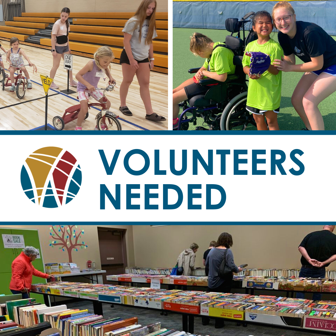 Pictures of people volunteering with special needs youth, kindergarteners, book sales