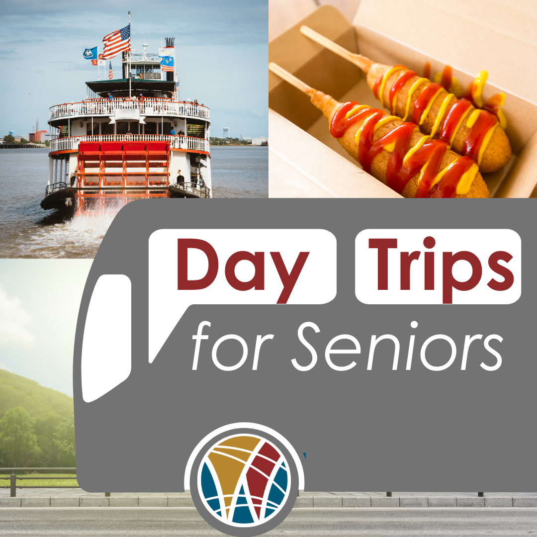 outline of a bus in front of a picture of a river paddle boat and a pair of corn dogs