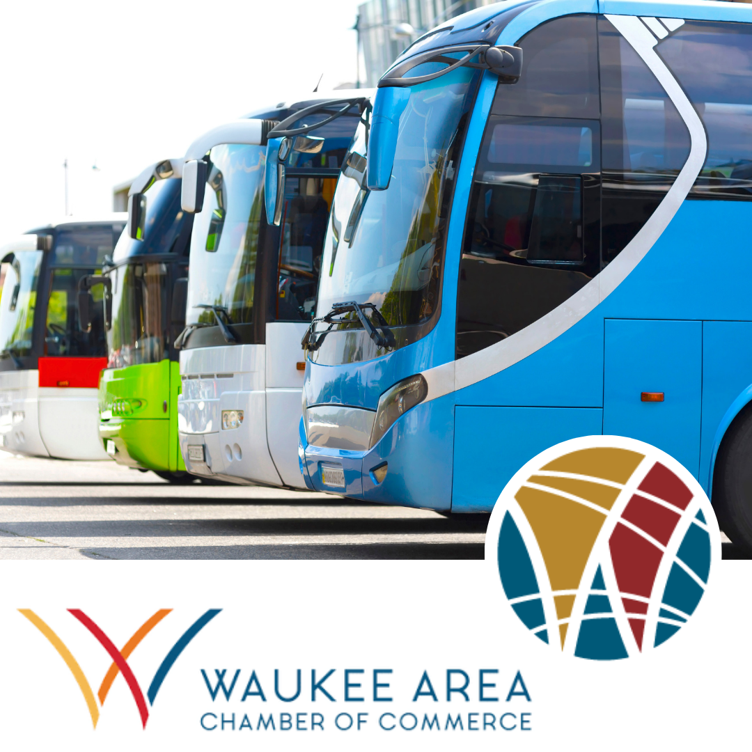 row of tour busses lined up with Waukee Area Chamber of Commerce and City logos