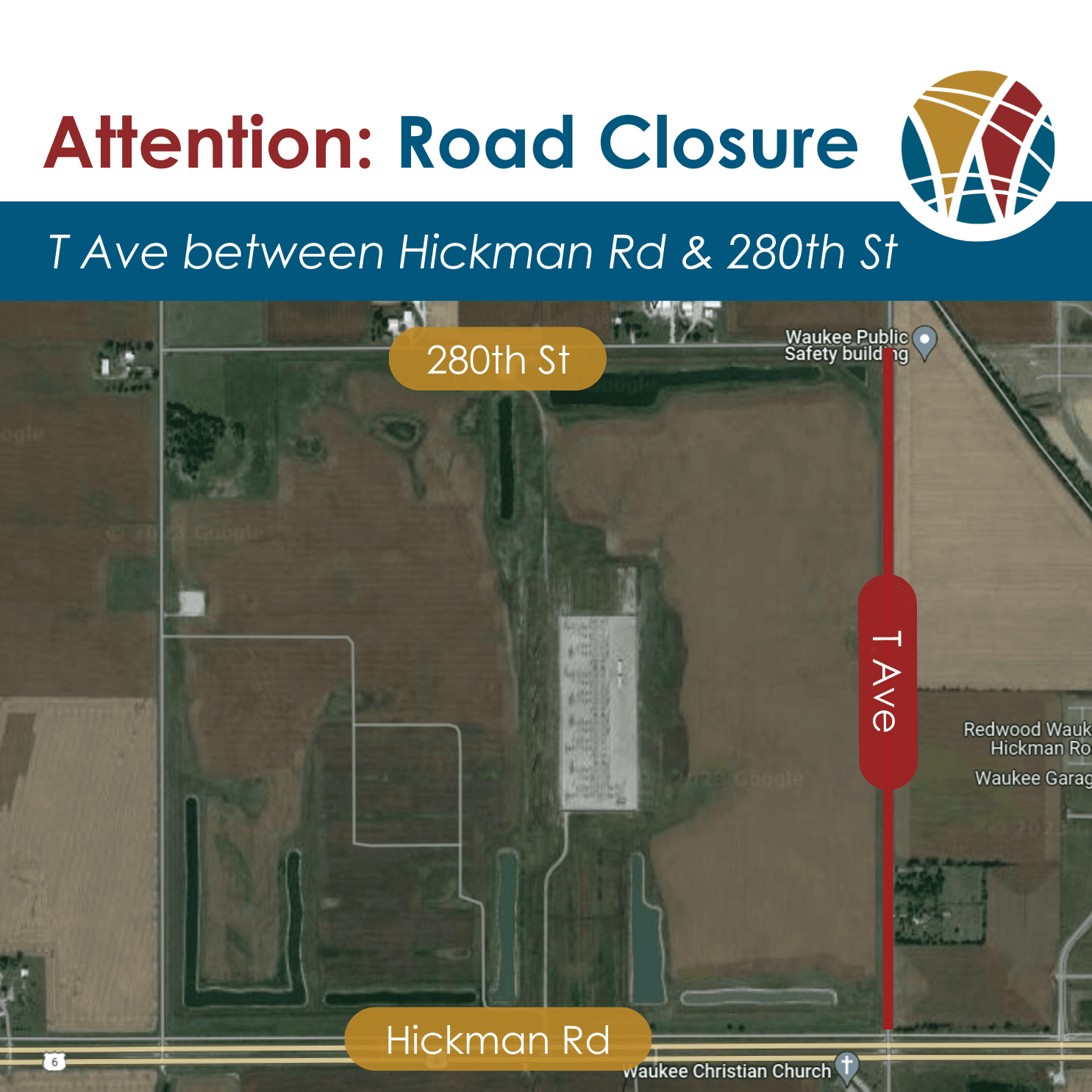 Map of T Avenue closure with road section highlighted and 