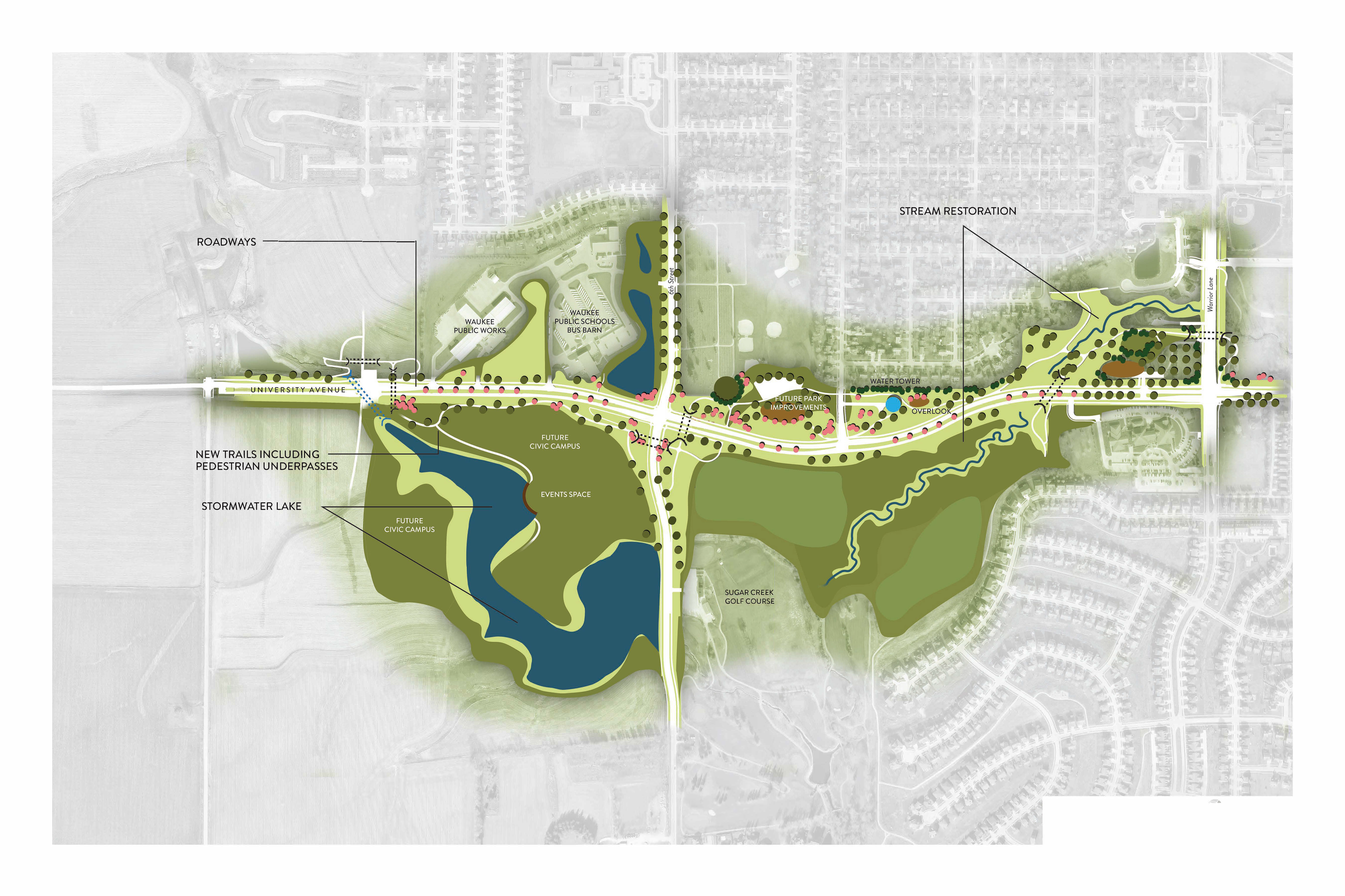map showing project design with road, plantings and pond