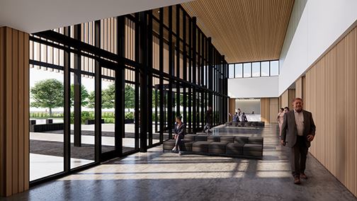 Drawing of modern design lobby with wall of windows, wooden ceilings, low couches and people walking