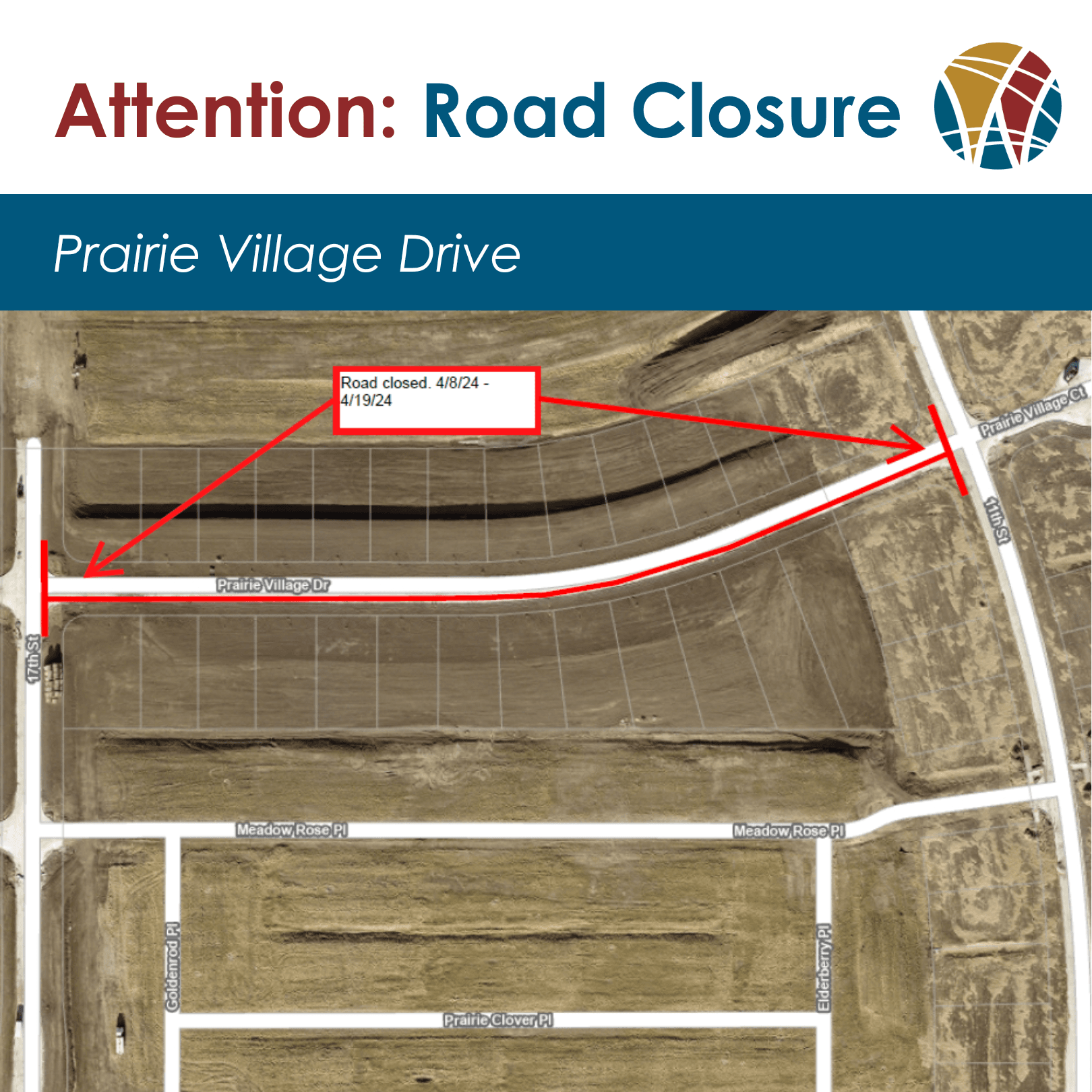 Map showing Prairie Village Drive closure