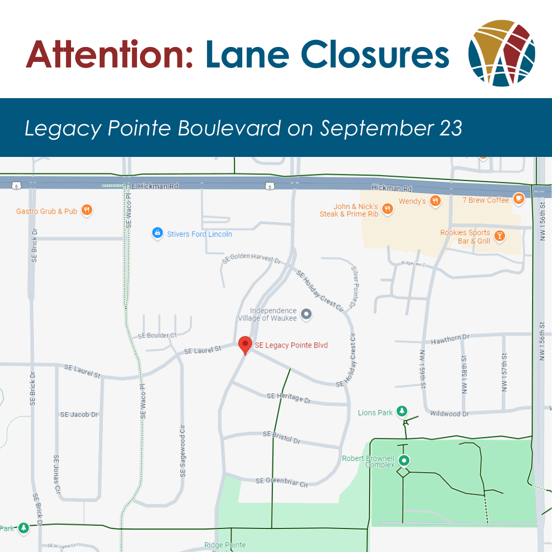 map of legacy pointe boulevard where lanes will be closed