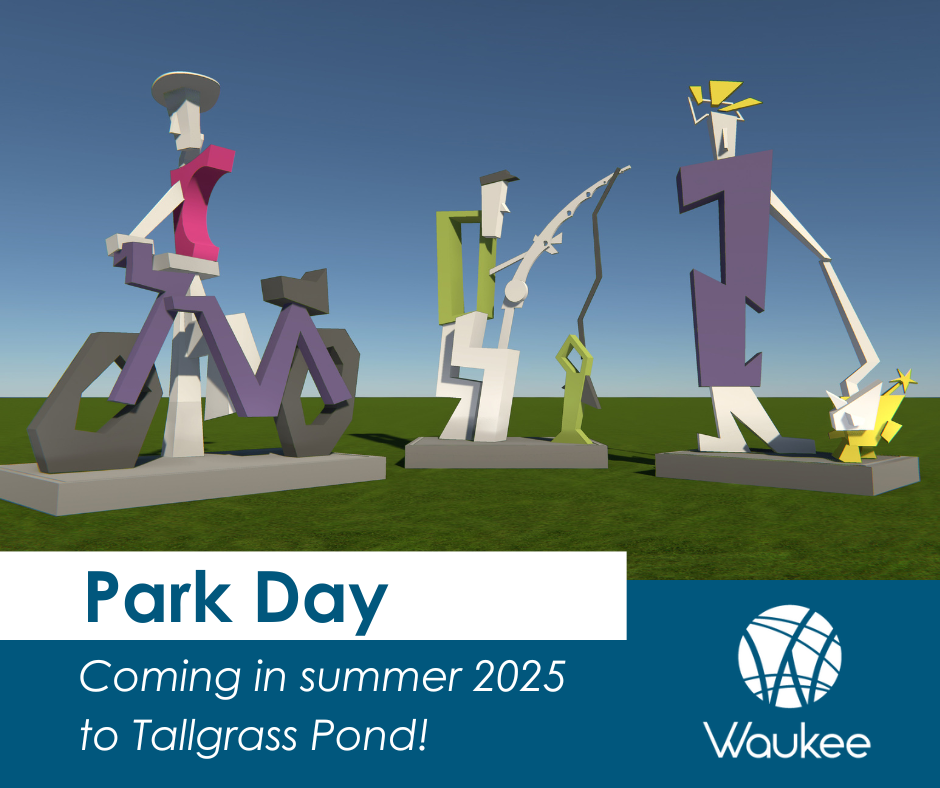 illustration of art sculpture of three figures - one fishing, one riding a bike and one walking dog