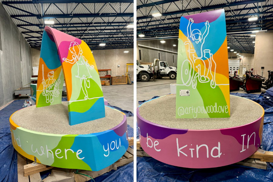Two views of a bench with a triangle arch painted in bright colors with line drawings of kids
