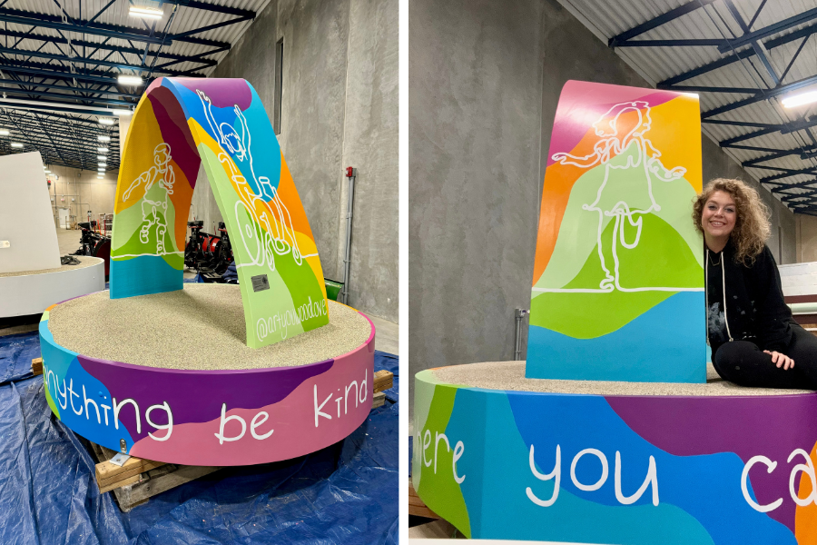 Colorful bench with kid running and artist sitting on the bench