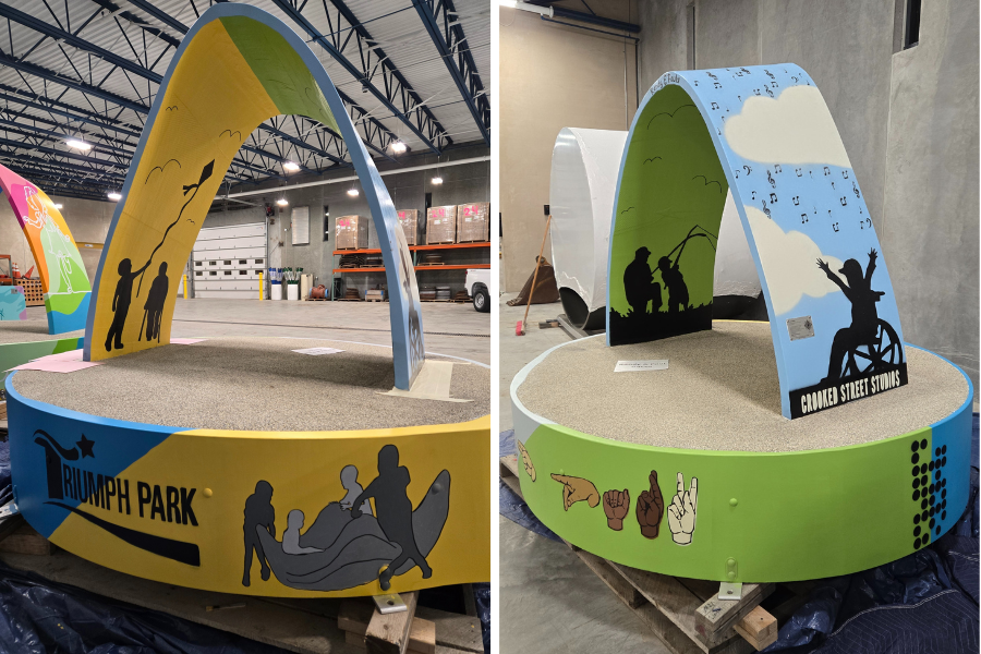 Views of large bench with triangle arch showing kids playing and flying kites