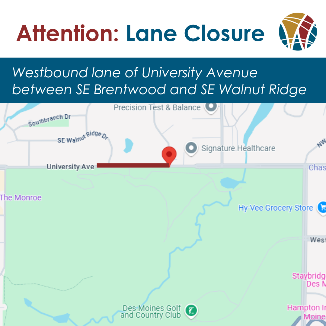 map of westbound lane closure on University Avenue from SE Brentwood to Walnut Ridge