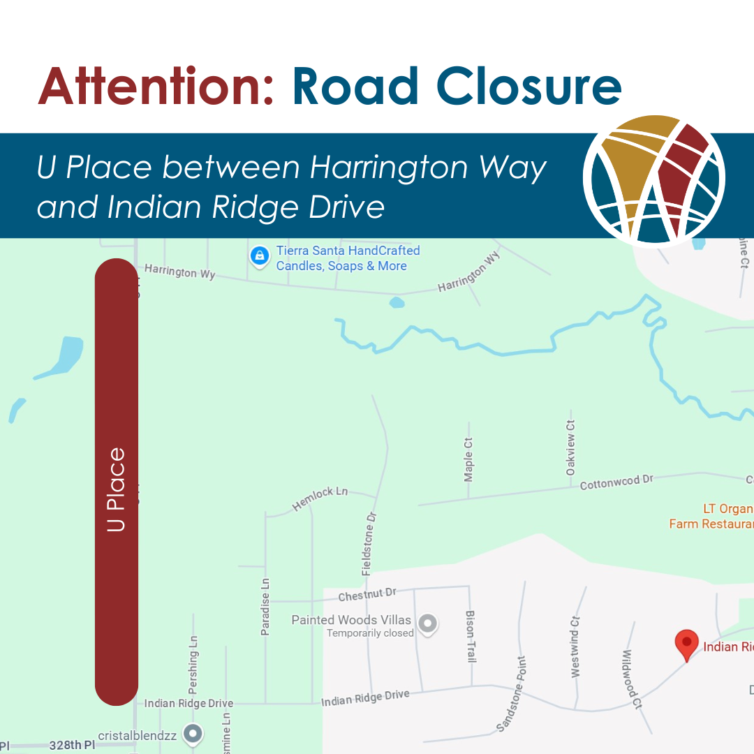 map showing U Place closure between Harrington and Indian Ridge Drive