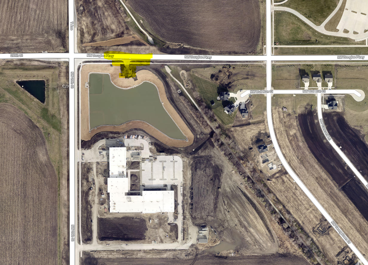 map showing short section of Northwest Douglas Parkway that will be closed for repairs