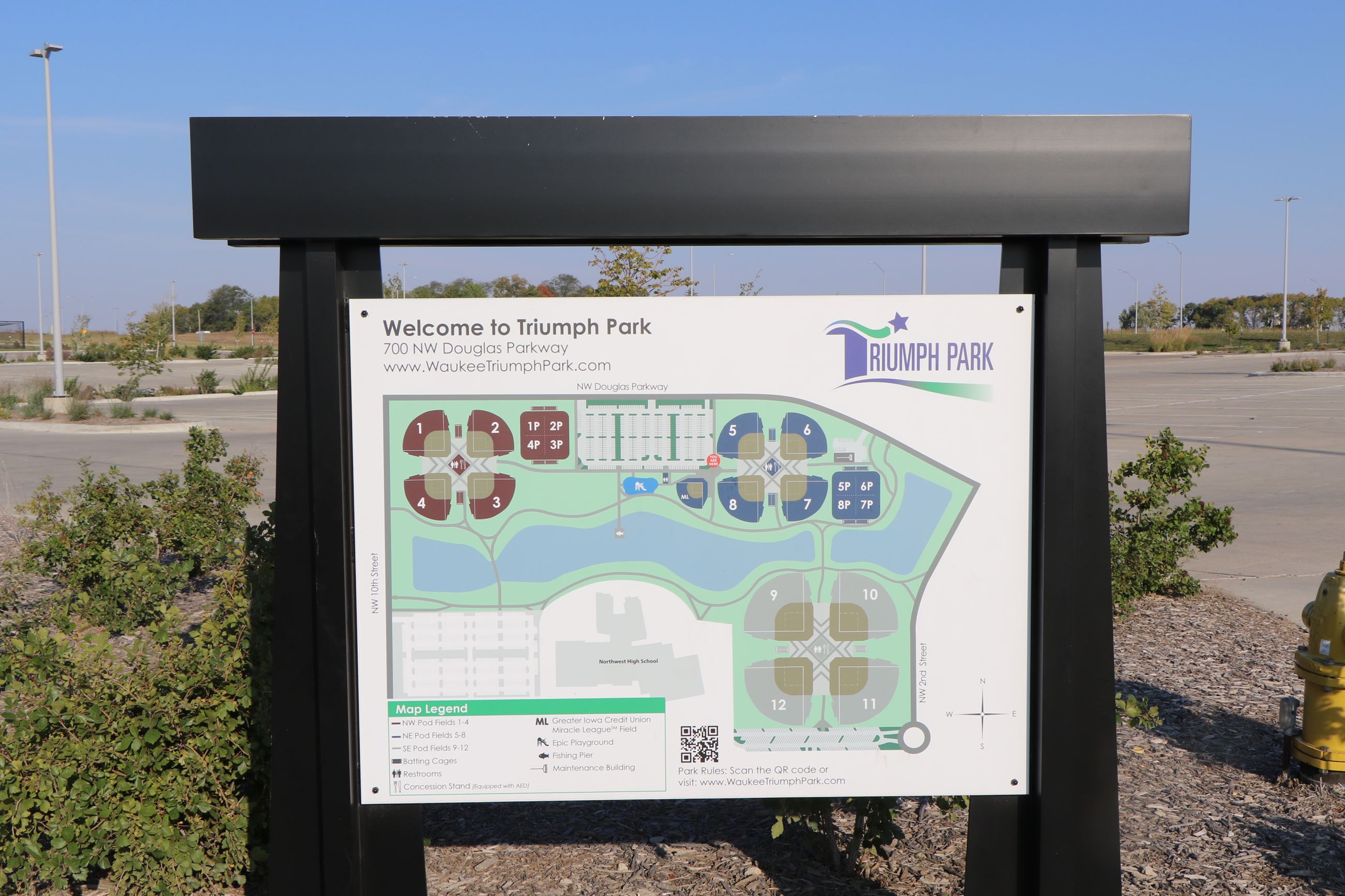 Close up view of sign showing the map of the entire Triumph Park complex