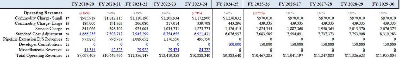 spreadsheet showing operating revenues for the last 5 years and projected revenue for next 5 years