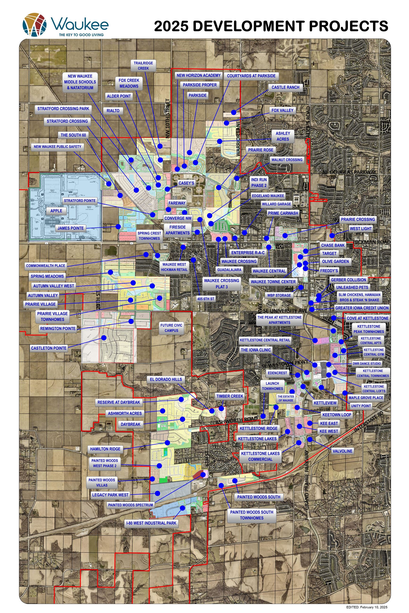 map showing locations of housing and commercial development projects within Waukee city limits