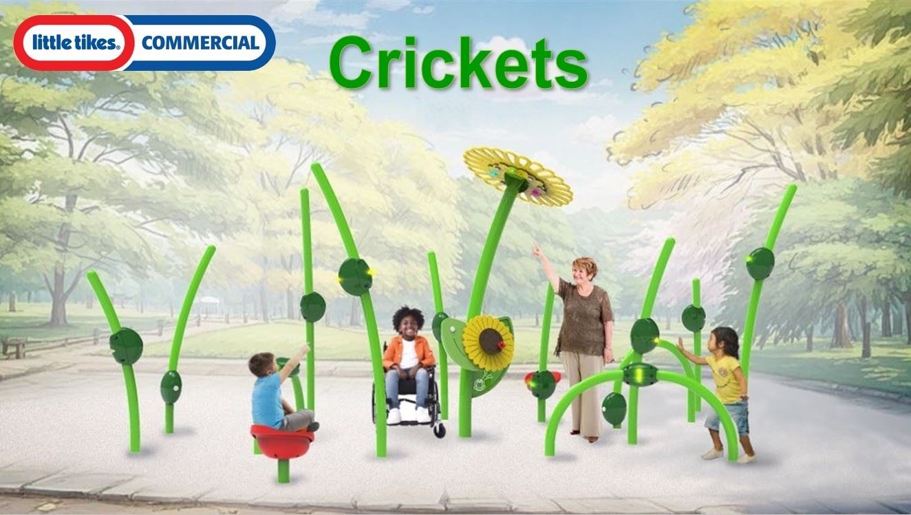 Rendering of a playscape for small children of green poles with buttons that make nature sounds