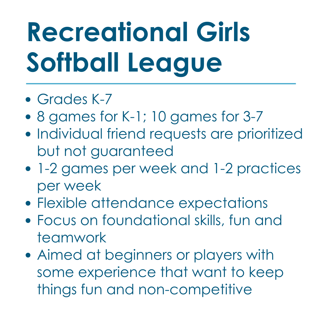Informational graphic that lists details for the spring girls recreational softball league.